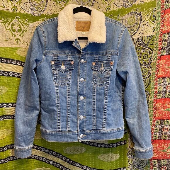 True Religion Deadstock Sherpa Lined Denim Trucker Jacket Size Large - Picture 1 of 15